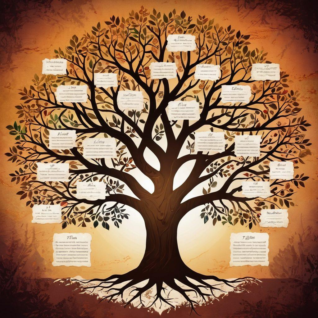 A visually rich and inviting family tree illustration, with branches intertwining showcasing diverse cultural heritage symbols, photographs of ancestors, and historical documents. The background includes a soft, warm glow representing the passage of time, with a hint of vintage maps and globes to signify exploration. Incorporate a comforting, earthy color palette to evoke a sense of nostalgia and connection. super-realistic. vibrant colors. soft focus.