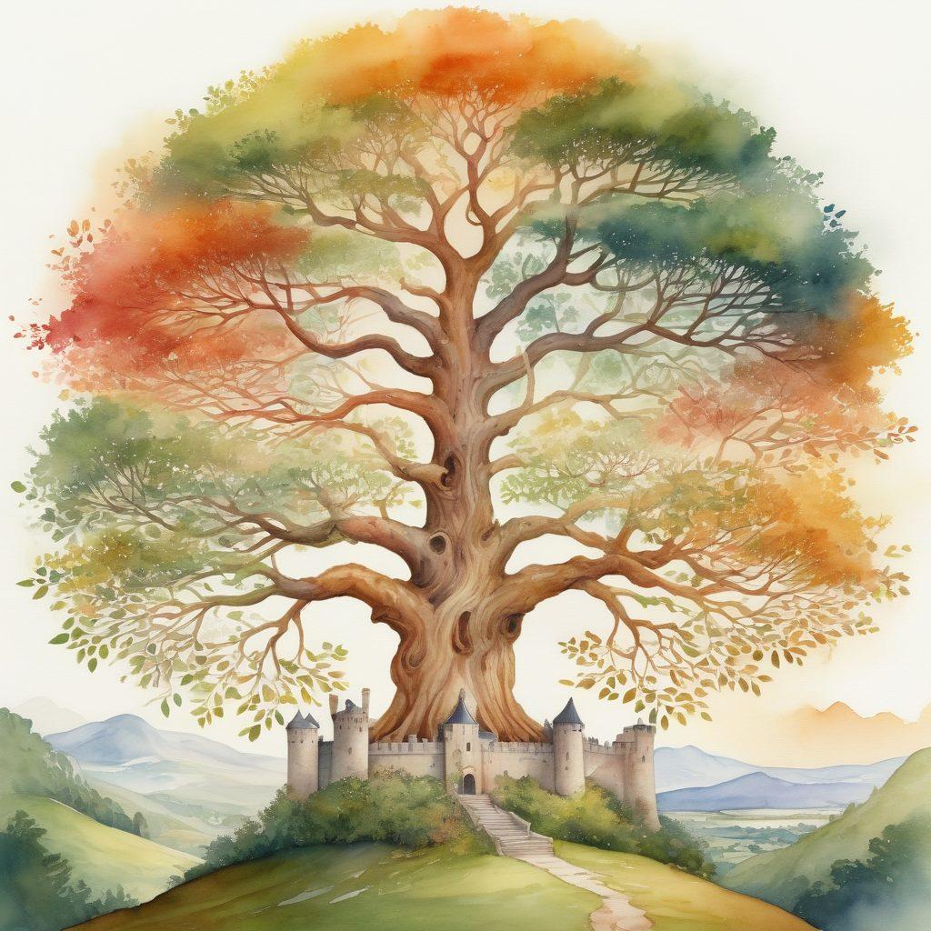 A beautifully detailed family tree with intertwining branches and leaves, showcasing diverse ancestral faces embedded within the foliage. In the background, a serene landscape with an ancient castle and rolling hills, symbolizing history and heritage. The scene should evoke a sense of discovery and nostalgia, with warm, inviting colors. watercolor style. vibrant colors.