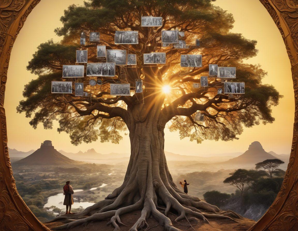 A beautifully intricate family tree entwined with vibrant historical landmarks, showcasing diverse ancestral cultures. In the background, faded black and white images of historical figures emerge, symbolizing bloodline heritage. Include elements like vintage maps, heirloom artifacts, and warm, connecting threads tying generations together. Soft golden light illuminates the scene, evoking a sense of belonging and exploration. super-realistic. vibrant colors.